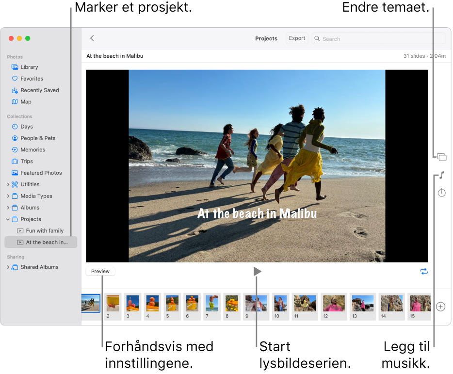 Bilder-vinduet, som viser en bildeserie i vinduets hoveddel, med Forhåndsvisning-knappen, Start-knappen og Sløyfe-knappen under hovedbildet i bildeserien, miniatyrbilder av alle bildene i bildeserien nederst i vinduet og Tema-knappen, Musikk-knappen og Varighet-knappen til høyre.