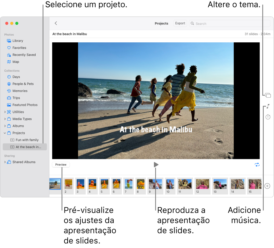 Janela do app Fotos exibindo uma apresentação de slides na parte principal da janela, com o botão Pré-visualizar, o botão Reproduzir e o botão Loop abaixo da imagem principal da apresentação de slides e miniaturas de todas as imagens da apresentação na parte inferior da janela. À direita, o botão Tema, o botão Música e o botão Duração.