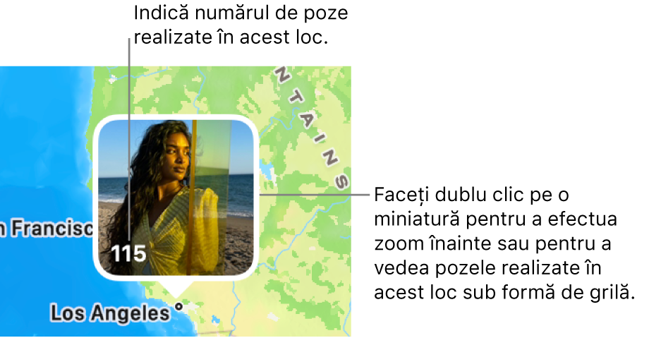 Miniatura unei poze pe hartă, cu un număr în colțul din stânga jos indicând numărul de poze realizate în locul respectiv.