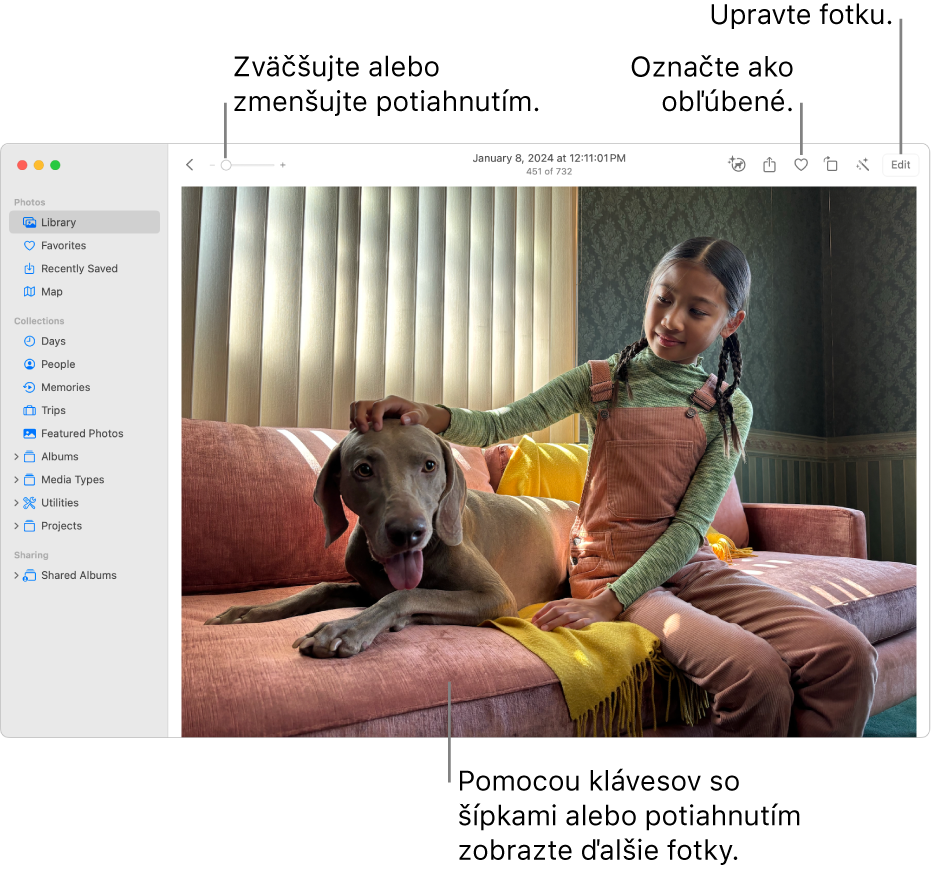 Okno apky Fotky so zobrazením zväčšenej fotky napravo. Panel s nástrojmi navrchu zahŕňa posuvník zväčšenia, tlačidlo Obľúbené a tlačidlo Upraviť.