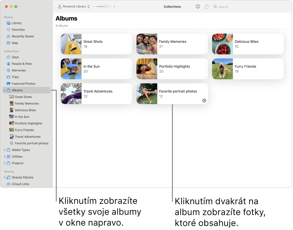 Okno apky Fotky, v ktorom je v postrannom paneli vybraná možnosť Albumy a vpravo sú zobrazené jednotlivé albumy.