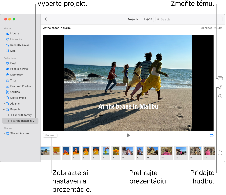 Okno apky Fotky s prezentáciou v hlavnej časti okna, tlačidlami Náhľad, Prehrať a Slučka pod hlavným zobrazením prezentácie, miniatúrami všetkých snímok prezentácie v spodnej časti okna a tlačidlami Téma, Hudba a Trvanie vpravo.