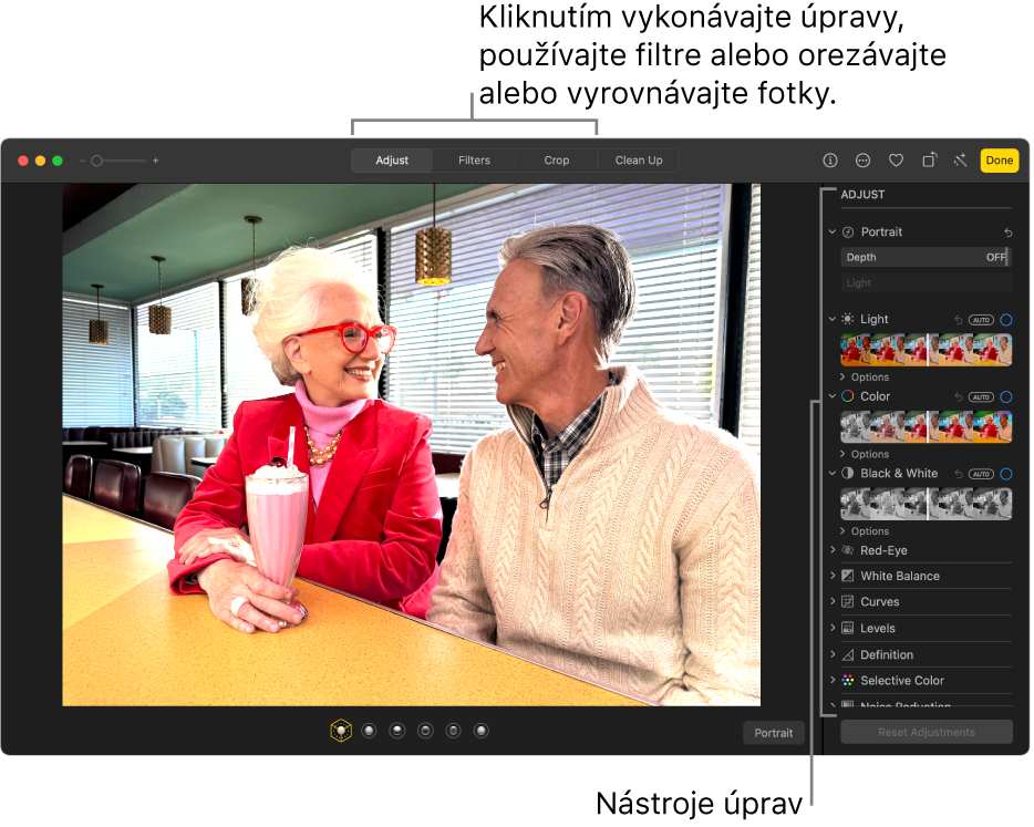 Fotka v zobrazení úprav s možnosťou Upraviť vybranou na paneli s nástrojmi a možnosťami úprav napravo.