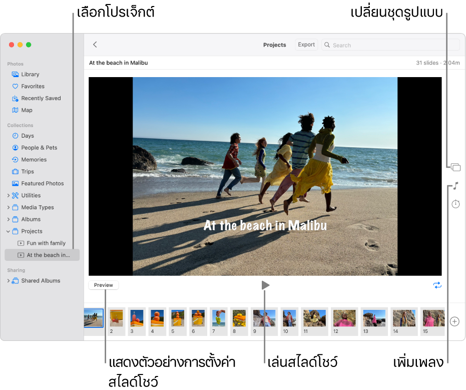 หน้าต่างรูปภาพที่แสดงสไลด์โชว์ในส่วนหลักของหน้าต่าง โดยมีปุ่มแสดงตัวอย่าง ปุ่มเล่น และปุ่มวนรอบใต้ภาพสไลด์โชว์หลัก มีรูปย่อของภาพทั้งหมดในสไลด์โชว์ที่ด้านล่างสุดของหน้าต่าง รวมทั้งมีปุ่มชุดรูปแบบ ปุ่มเพลง และปุ่มระยะเวลาที่ด้านขวา