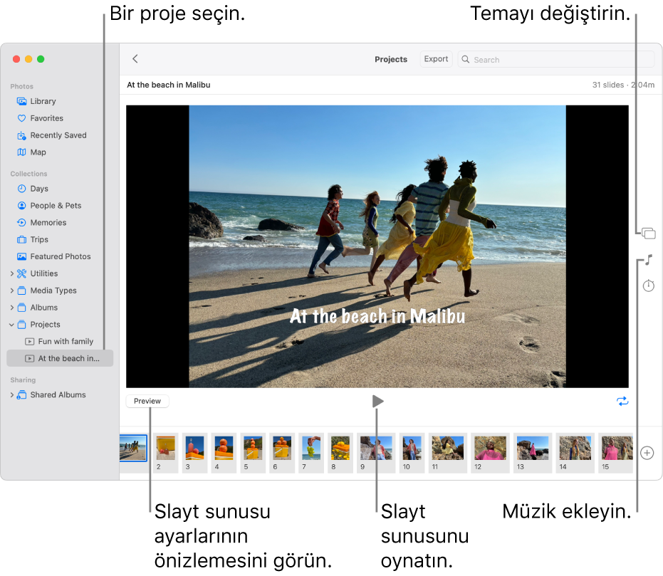Pencerenin ana bölümünde slayt sunusunu gösteren Fotoğraflar penceresi, ana slayt sunusu görüntüsünün altında Önizleme düğmesi, Oynat düğmesi ve Döngü düğmesi, pencerenin alt kısmında slayt sunusundaki tüm görüntülerin küçük resimleri, sağda Tema düğmesi, Müzik düğmesi ve Süre düğmesi.