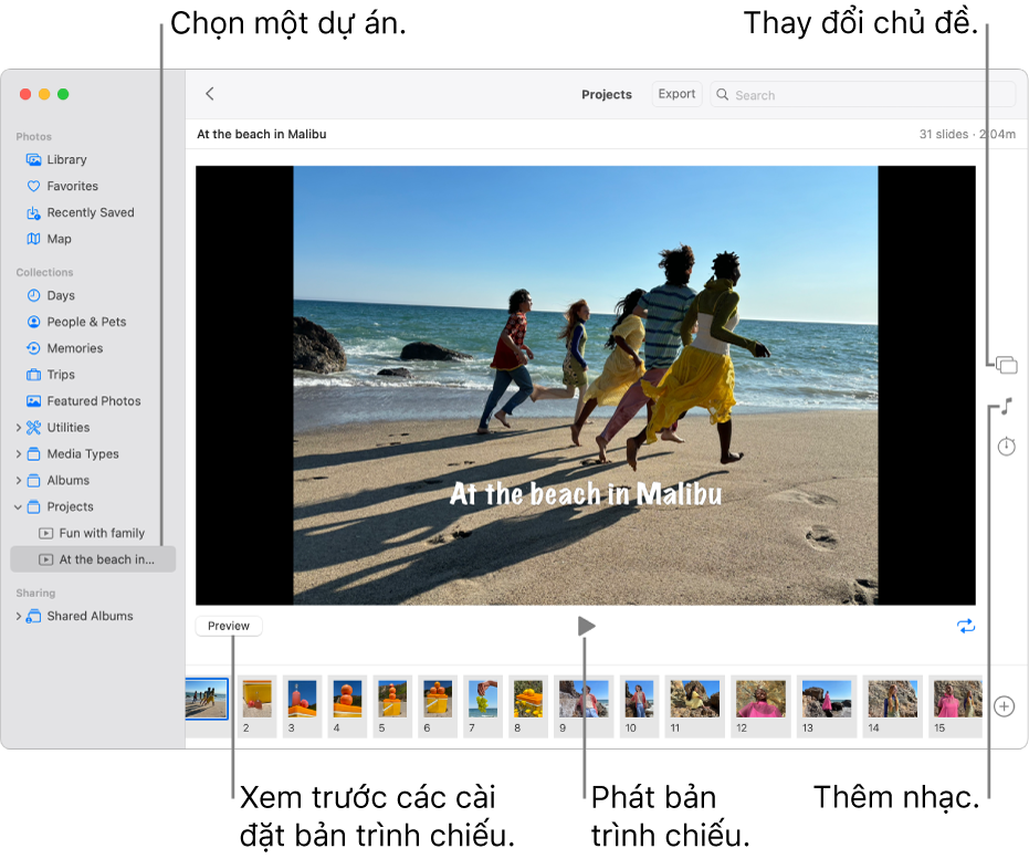 Cửa sổ Ảnh đang hiển thị bản trình chiếu trong phần chính của cửa sổ, với nút Xem trước, nút Phát, và nút Lặp lại bên dưới hình ảnh chính của bản trình chiếu, hình thu nhỏ của tất cả các hình ảnh trong bản trình chiếu ở cuối cửa sổ, và nút Chủ đề, nút Nhạc và nút Thời lượng ở bên phải.