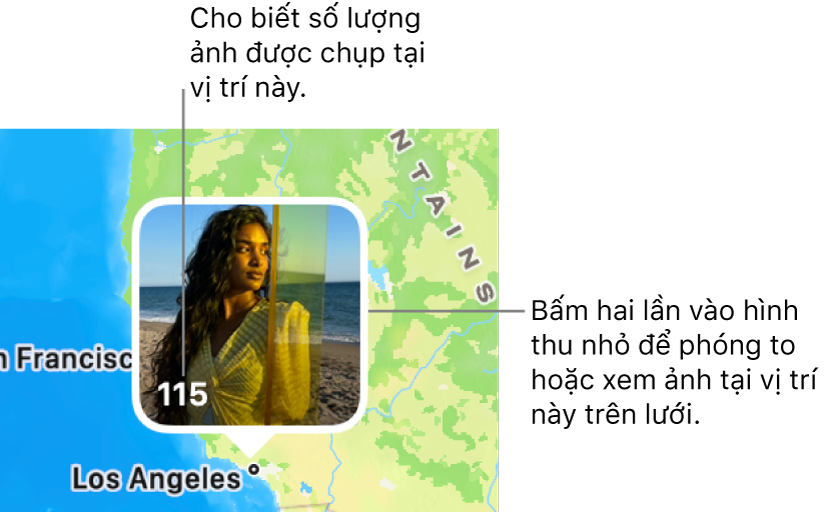 Một hình thu nhỏ ảnh trên bản đồ, với một số ở góc phía dưới bên trái cho biết số lượng ảnh được chụp tại vị trí đó.