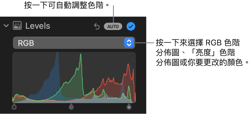 「調整」面板中的色階控制項目，其右上方為「自動」按鈕，下方則為 RGB 色階分佈圖。