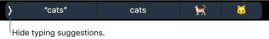 Typing suggestions showing words and emoji, and the button on the left to hide typing suggestions.