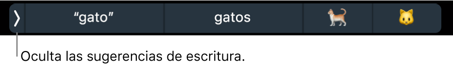 Sugerencias de escritura con palabras y emojis, y un botón a la izquierda para ocultar las sugerencias de escritura.