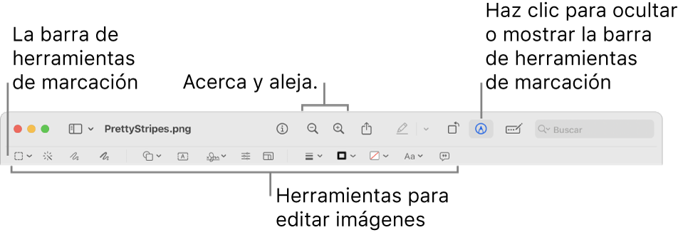 Barra de herramientas de marcación para editar imágenes.