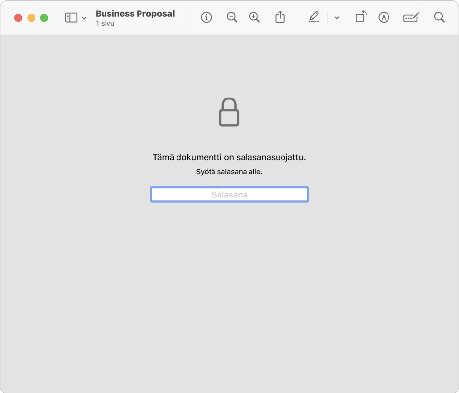 Salasanalla suojattu PDF, jossa näkyy lukkokuvake ja tekstikenttä salasanan syöttämiseen tiedoston avaamista varten.