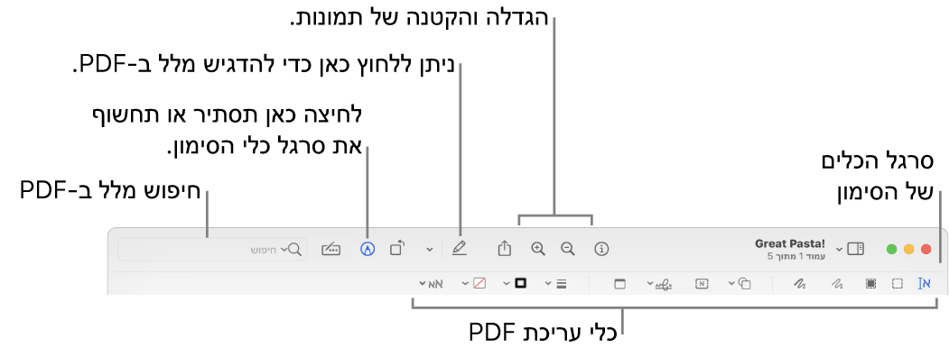 סרגל הכלים "סימון" לסימון PDF.
