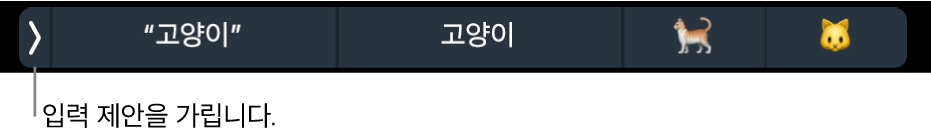단어 및 이모티콘을 보여주는 입력 제안 및 왼쪽의 입력 제안 가리기 버튼.