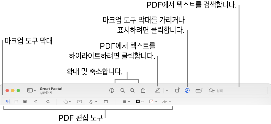 PDF에 표시하기 위한 마크업 도구 막대.