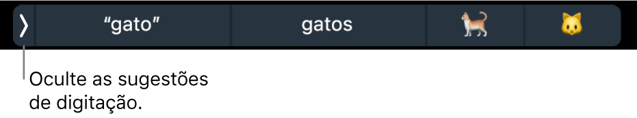 Sugestões de digitação mostrando palavras e emojis, e o botão para ocultar as sugestões de digitação à esquerda.