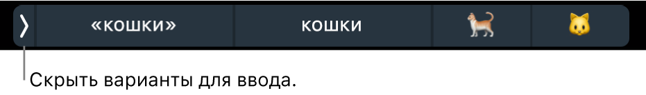 Варианты ввода. Показаны слова и эмодзи. Слева отображается кнопка скрытия этого списка.