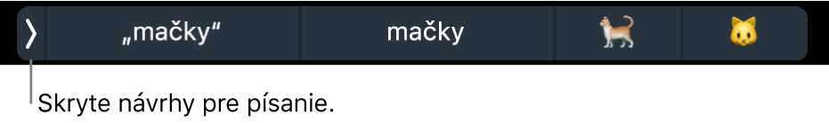 Návrhy pre písanie zobrazujúce slová a emoji, a tlačidlo na ľavej strane na skrytie návrhov pre písanie.