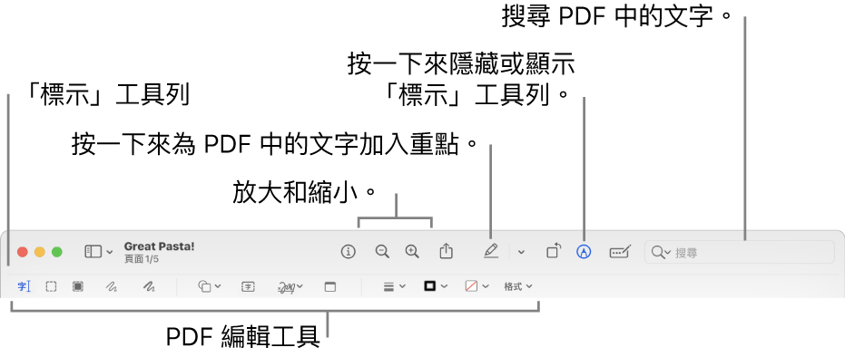 用於標示 PDF 的「標示」工具列。
