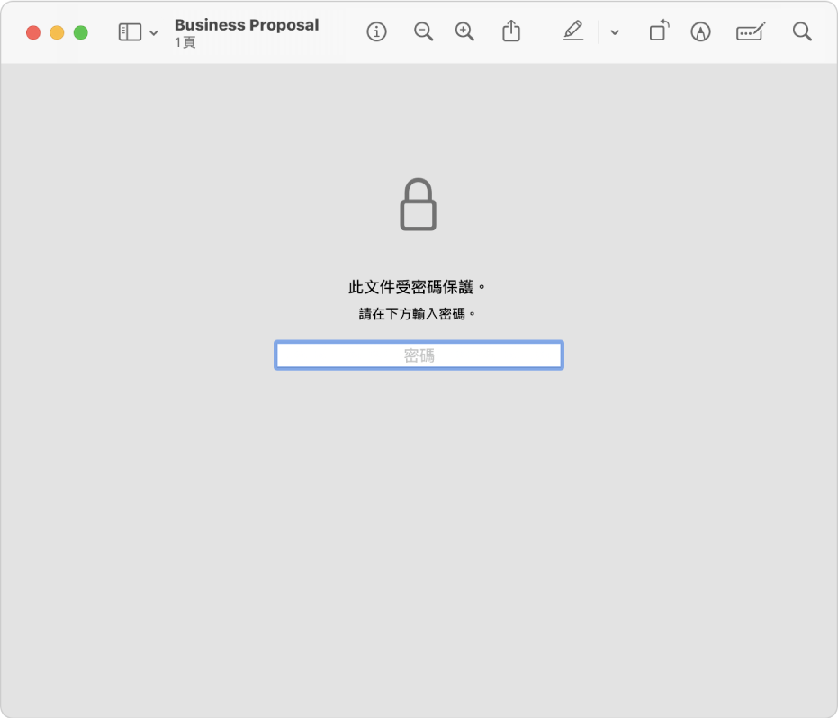 受密碼保護的 PDF 顯示鎖頭圖像,以及用於輸入密碼以打開檔案的文字欄位。