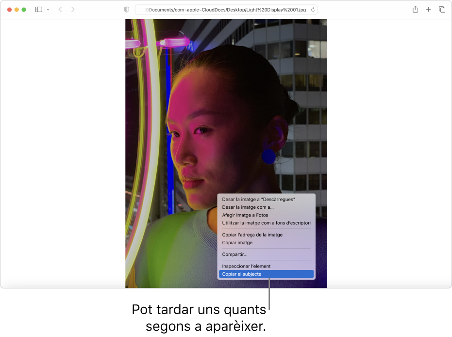 Una imatge al Safari d’una persona amb un fons en què apareixen llums i un edifici.
