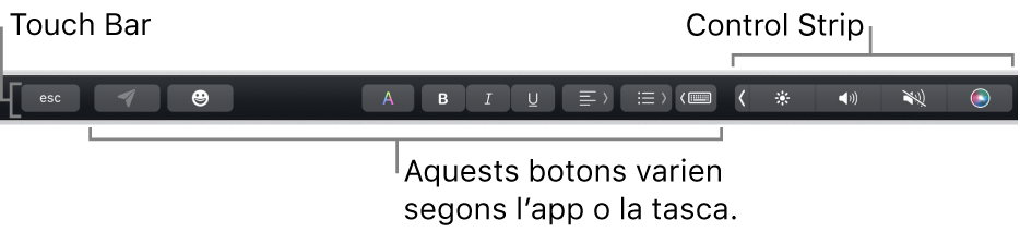 La Touch Bar, situada a la part superior del teclat, que mostra la Control Strip contreta, a la dreta, i botons que varien segons l'app o la tasca.