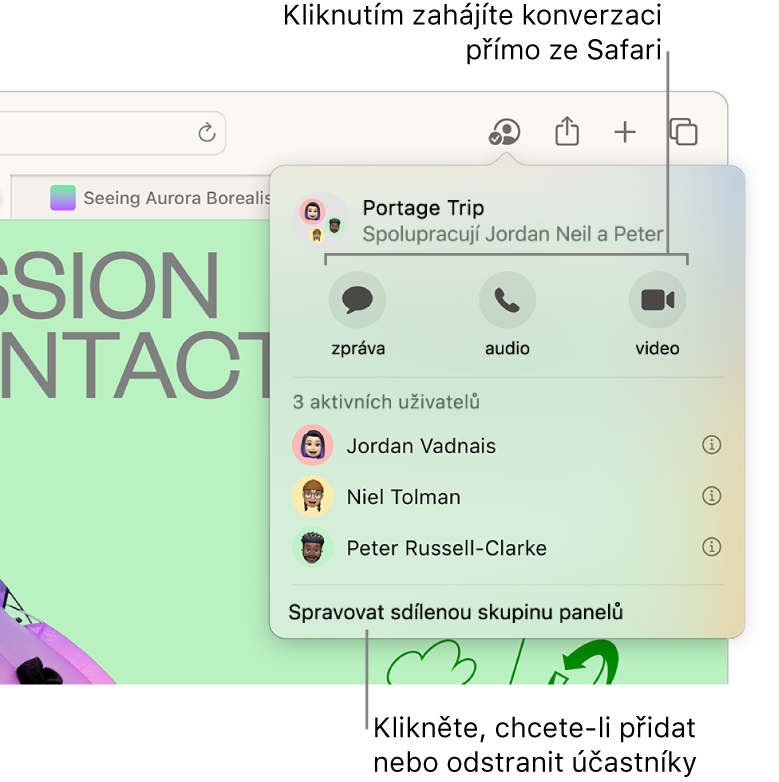 Okno se seznamem uživatelů ve sdílené skupině panelů