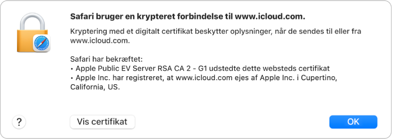 Sikkerhedsoplysningerne om en forbindelse til icloud.com.