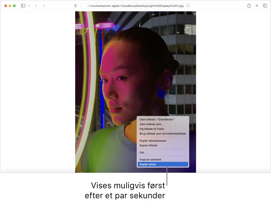 Et billede i Safari af en person med lamper og en bygning i baggrunden.