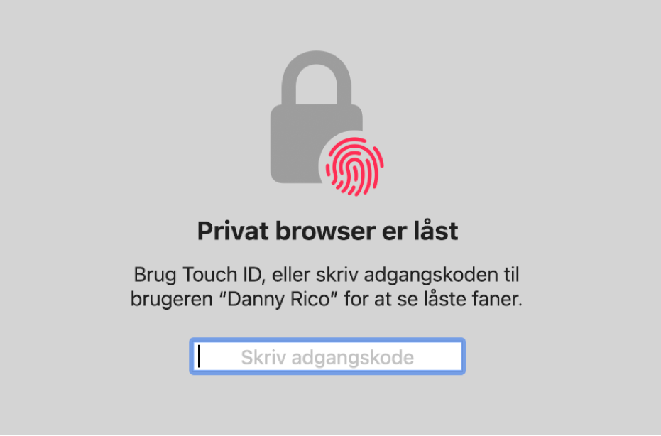 Et vindue med en anmodning om Touch ID eller din adgangskode til at låse vinduer i Privat browser op.