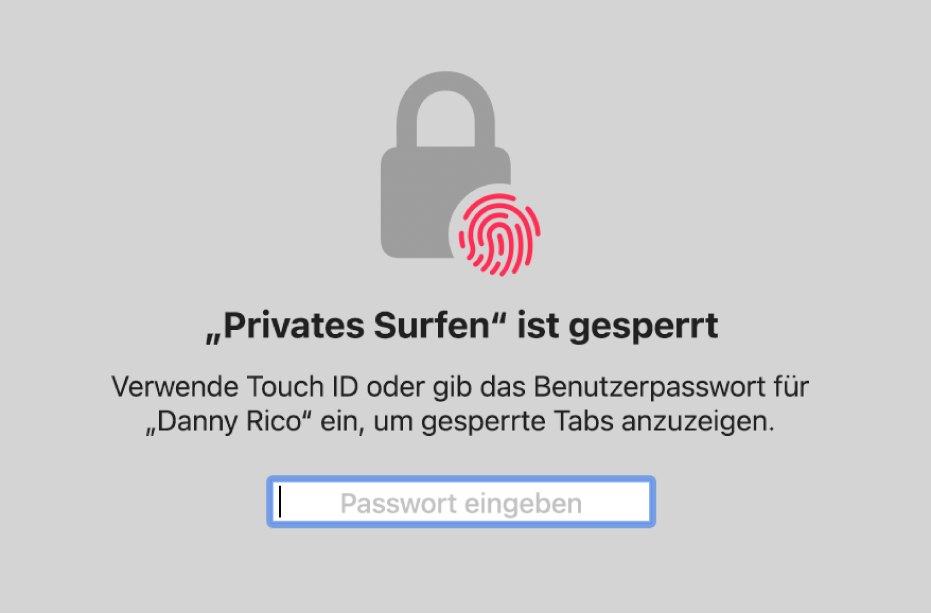 Ein Fenster, das zum Entsperren von Fenstern im Modus „Privates Surfen“ die Touch ID anfordert.