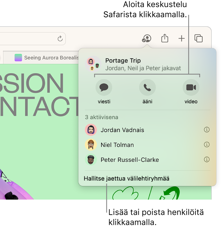 Ikkuna, jossa on jaetun välilehtiryhmän käyttäjien luettelo.