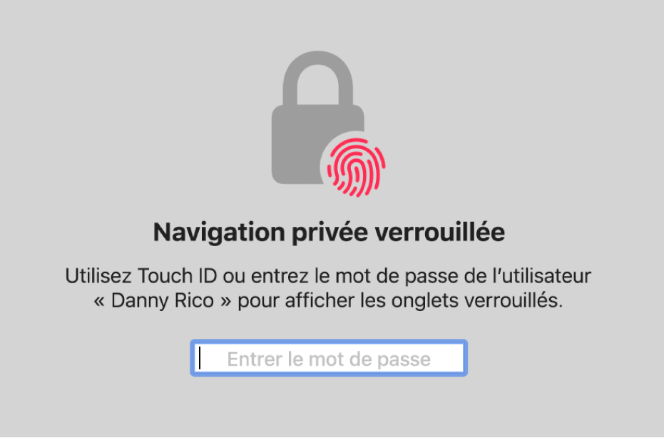 Fenêtre qui demande l’utilisation de Touch ID ou la saisie de votre mot de passe pour déverrouiller les fenêtres de navigation privée.