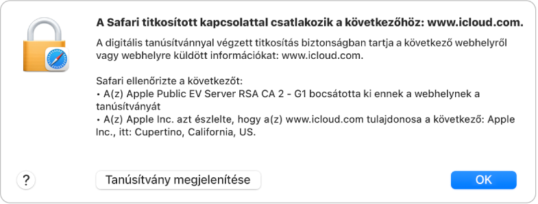 Biztonsági adatok az icloud.com oldalhoz való csatlakozáshoz.