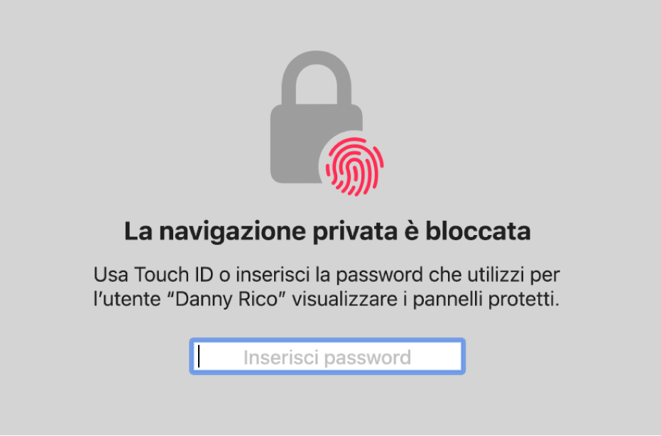 Una finestra che richiede Touch ID o la password per rimuovere la protezione dei pannelli e delle finestre di “Navigazione privata”.