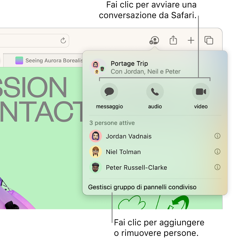 Una finestra che elenca le persone in un gruppo di pannelli condiviso.