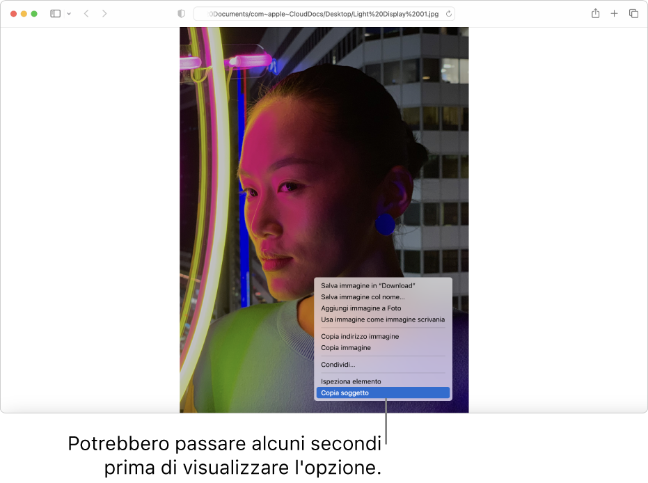 Un’immagine in Safari di una persona, con delle luci e un edificio sullo sfondo.