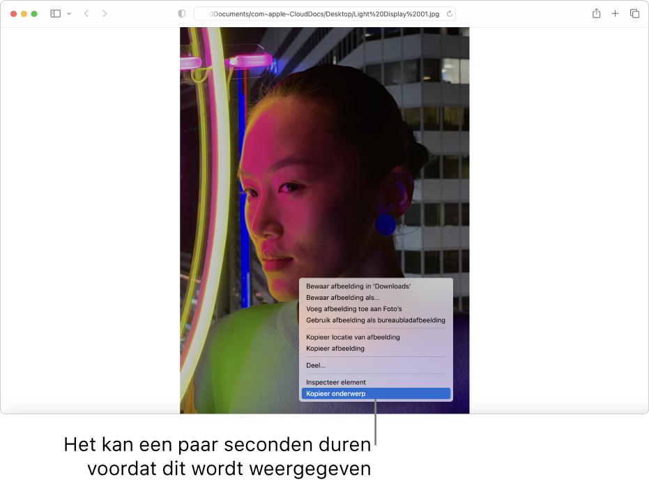Een afbeelding in Safari van een persoon met lampen en een gebouw op de achtergrond.