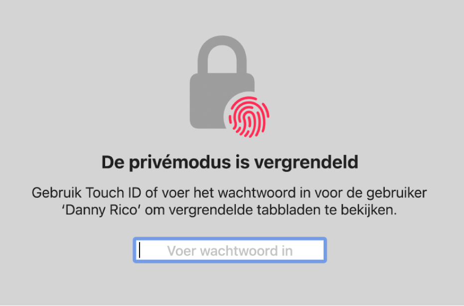 Een venster dat vraagt om Touch ID of je wachtwoord voor het ontgrendelen van privévensters.