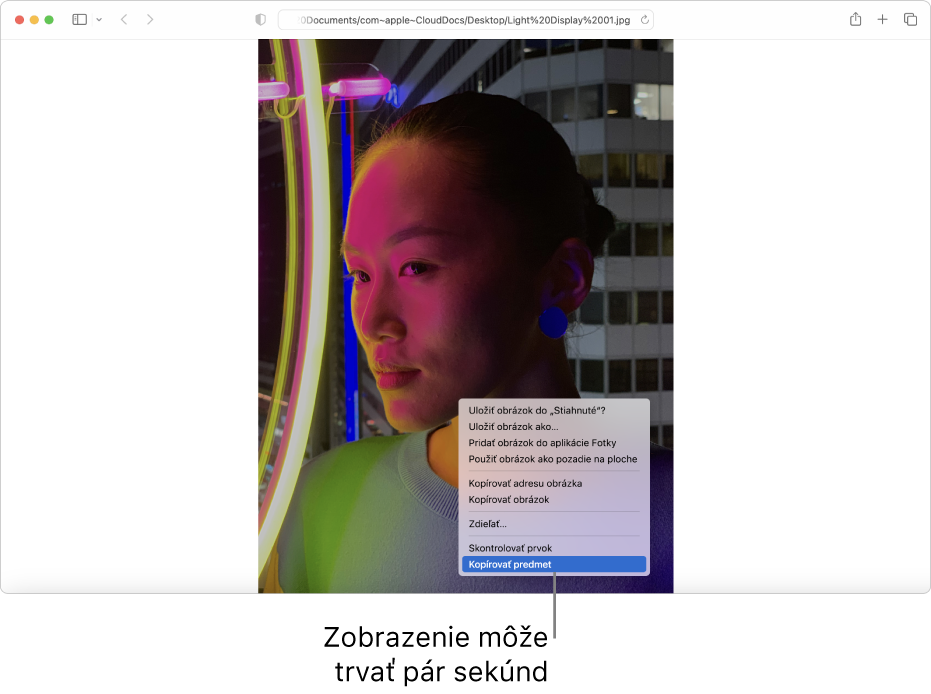 Obrázok v Safari, ktorý znázorňuje osobu so svetlami a budovu na pozadí.