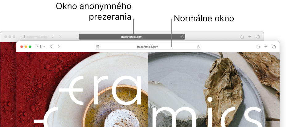 Súkromné okno v Safari s tmavým poľom dynamického vyhľadávania a normálne okno v Safari so svetlým poľom dynamického vyhľadávania.