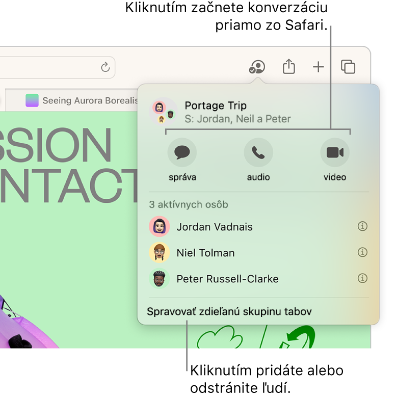 Okno so zoznamom ľudí v zdieľanej skupine tabov.