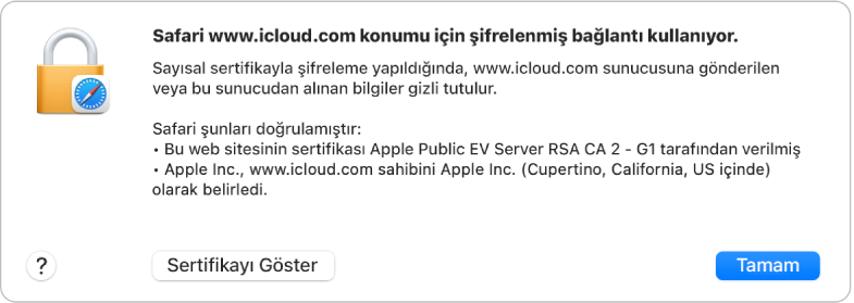 icloud.com bağlantısı için güvenlik ayrıntıları.
