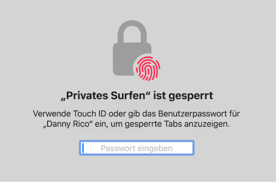Ein Fenster, das zum Entsperren von Fenstern im Modus „Privates Surfen“ die Touch ID anfordert.