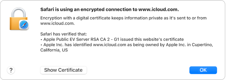 The security details for a connection to icloud.com.