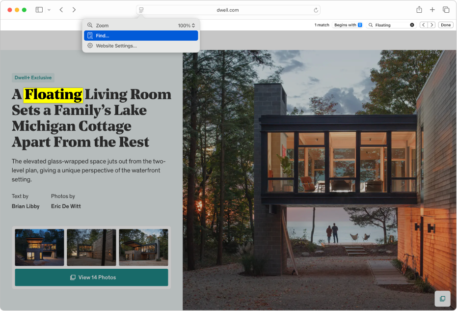 A window showing how to find the text “floating” on a web page.