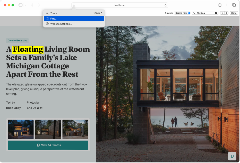 A window showing how to find the text “floating” on a webpage.