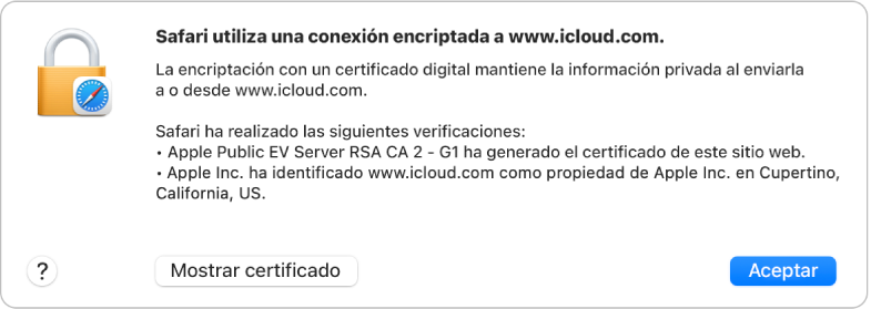 La información de seguridad de una conexión a icloud.com.