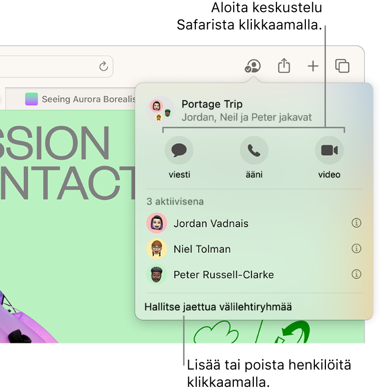 Ikkuna, jossa on jaetun välilehtiryhmän käyttäjien luettelo.