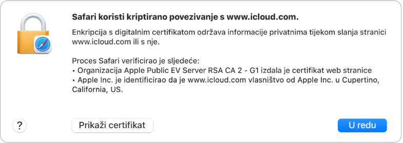 Sigurnosne pojedinosti za povezivanje na icloud.com.